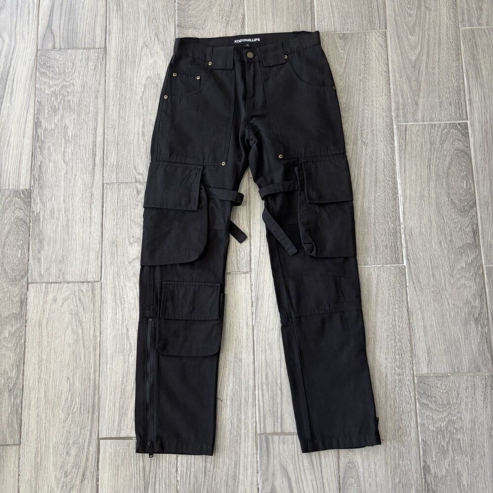Kody Phillips Black Cargo Pants Mr. Poopy Snap Button Utility Canvas Size 28x29